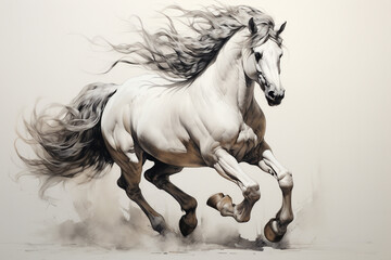 A majestic horse in mid-gallop, its flowing mane and powerful legs captured with dynamic black and white linework, evoking a sense of freedom and strength.