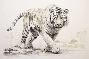 A regal Bengal tiger in black and white, its powerful presence conveyed through meticulous linework, capturing the essence of this magnificent big cat on paper.