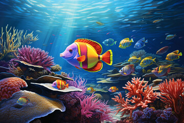 Fototapeta na wymiar A captivating scene of a school of fish swimming in coral reefs, their scales and underwater world brought to life with an array of multi-colored pencils on paper.