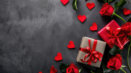 Romantic Gesture Red Roses and Gifts on Dark Background