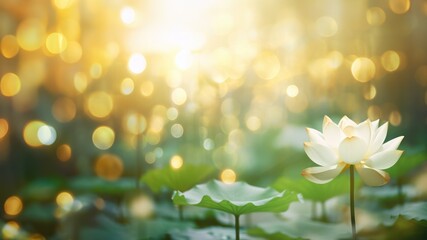 Serene Lotus in Golden Light: A Symbol of Purity and Enlightenment, Horizontal Poster or Sign with Open Empty Copy Space for Text 
