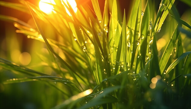 Fresh green grass glistens with dewdrops in the morning sunlight generated by AI