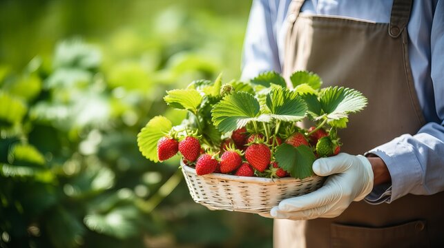 The female gardener is wearing a mask and is holding a basket of strawberries