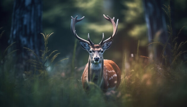 Deer standing in meadow, looking cute, hiding in tranquil forest generated by AI