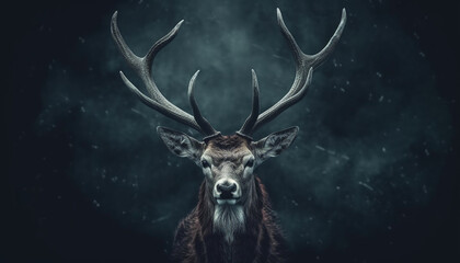 Majestic stag stands in snowy forest, looking at camera tranquilly generated by AI - obrazy, fototapety, plakaty