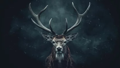 Deurstickers Majestic stag stands in snowy forest, looking at camera tranquilly generated by AI © Jeronimo Ramos