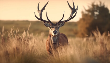 A majestic stag grazes in the meadow, surrounded by nature generated by AI