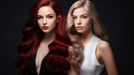 Two women are shown in a double portrait with long, elegant hair that has been dyed in various shades and styling.