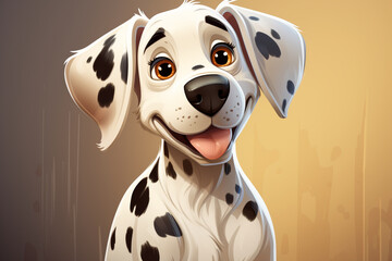A lively cartoon-style dalmatian with spots, floppy ears, and an energetic personality.