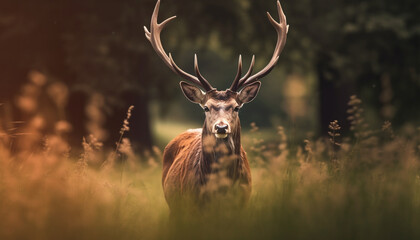 Naklejka na ściany i meble A majestic stag grazes in the meadow, surrounded by nature generated by AI