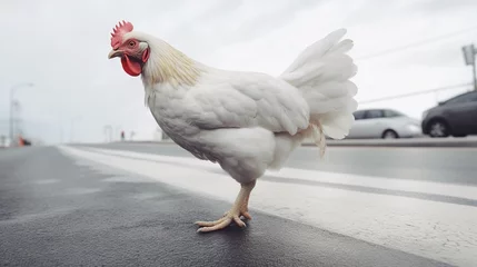Foto auf Alu-Dibond white chicken crossing the road © Dennis