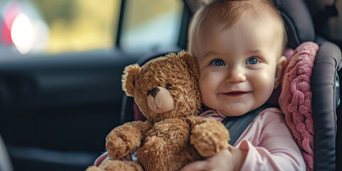 Joyful Baby Girl Hugging Teddy Bear in Car Seat