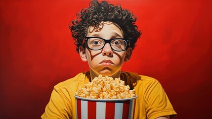 young man with popcorn standing over isolated background