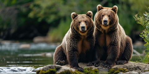 Obraz premium Close Bond: Two Brown Bears Sitting Together by the River's Edge in the Wild