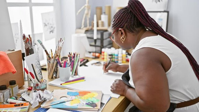 Focused african american woman, captivating artist, drawing with concentration on her notebook at an indoor art studio.