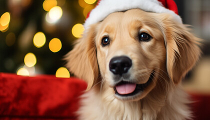 Cute puppy sitting by Christmas tree, looking joyful generated by AI