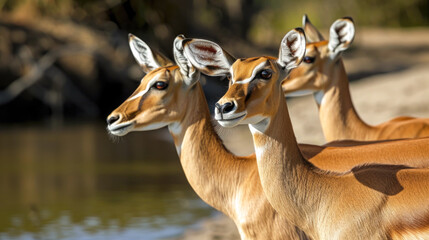 Naklejka na ściany i meble Graceful Impalas by the Water - Wildlife in Their Natural Habitat