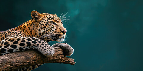 Elegant Leopard Poised on Tree Branch Against Teal Sky