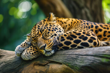 Tranquil Leopard Napping on a Wooden Log in a Lush Green Ambience