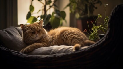 Ginger scottish fold cat lying on couch with plants around at home.