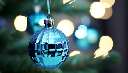 Obraz premium Shiny Christmas ornament hanging on glowing Christmas tree generated by AI