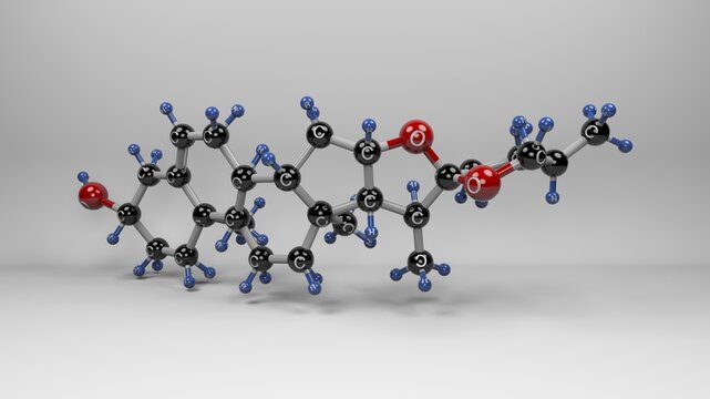 Diosgenin molecule. Molecular structure of nitogenin, a phytosteroid used to synthesize progesterone, testosterone,  cortisone and cortisol
