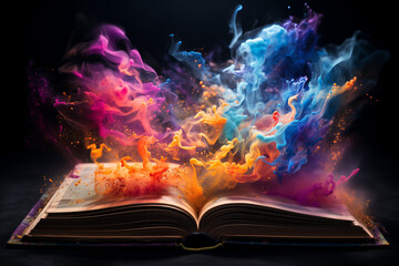 A book with colorful smoke coming out of it.