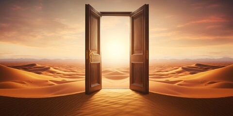 Opened door in the desert with sand dunes and sky background