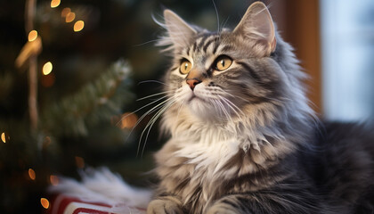 Fototapeta premium Cute kitten sitting, looking at camera, fluffy fur generated by AI