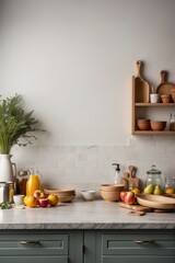 Fototapeta na wymiar modern kitchen with wooden countertop with utensils and fruits