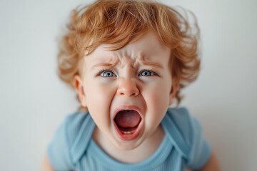 close up of a cute little baby boy child crying and screaming isolated on white background