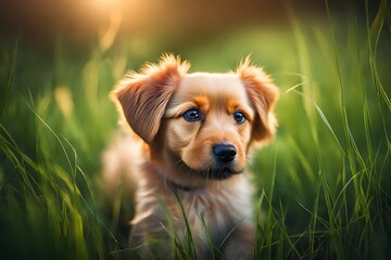 Closeup colourful puppy grass with blur background