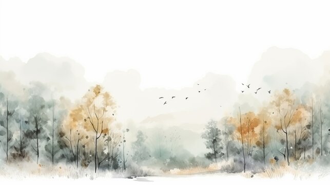 A digital art watercolor painting that is highly rated and depicts a forest with birds.