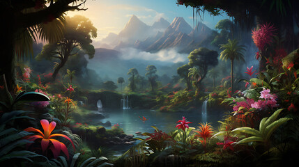  rainforest with exotic flora and fauna, 