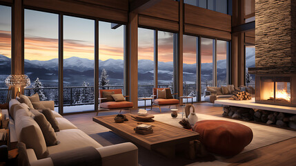 A luxury mountain lodge with panoramic views,