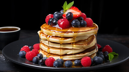 A mouthwatering stack of fluffy pancakes topped with fresh berries, 