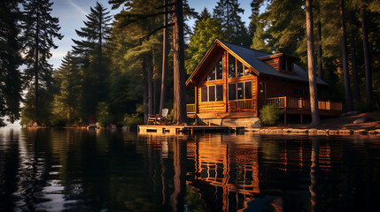 Obraz premium A lakeside cabin surrounded by tall pine trees
