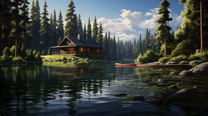 A peaceful cabin surrounded by  trees, with a reflection on the calm water