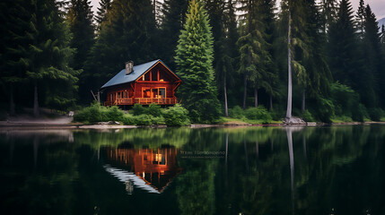 Fototapeta na wymiar cabin surrounded by tall pine trees, with a reflection on the calm water