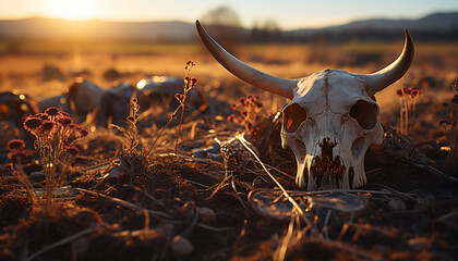 Dead animal skull in dry grass, sunset close up heat generated by AI