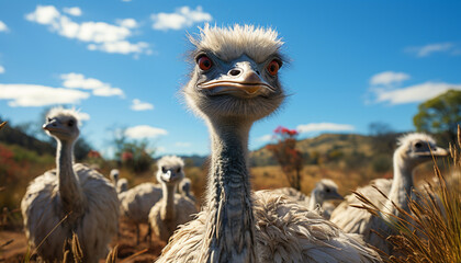 Cute ostrich staring, curious, in nature meadow, standing on sand generated by AI - obrazy, fototapety, plakaty