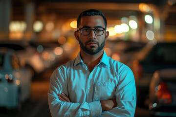 portrait of a successful Indian businessman with a beard and glasses on a blurred background