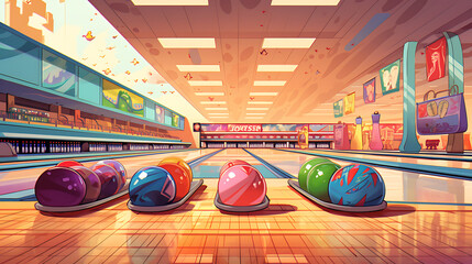 A  bowling alley scene with colorful lanes - obrazy, fototapety, plakaty