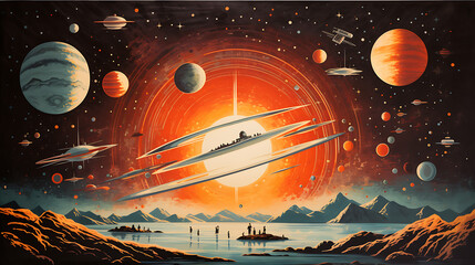  space exploration poster with rocket ships,