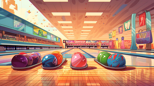 A  bowling alley scene with colorful lanes