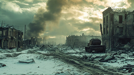 City in a war with snowy destroyed buildings