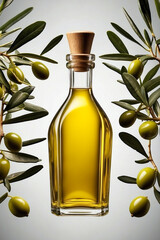 Aceite de oliva virgen sen botella de cristal sobre fondo blanco rodeada de aceitunas y ramas  ideal para publicidad - obrazy, fototapety, plakaty