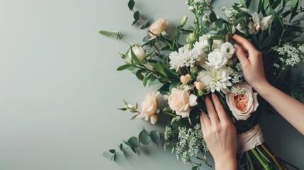 A person's hands artfully arranging a serene bouquet of cream roses, white flowers, and lush greenery on a soft pastel backdrop - obrazy, fototapety, plakaty