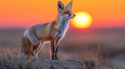 Fototapeta premium The regal silhouette of a Rüppell's Fox, standing tall against a twilight sky, its tufted tail and large ears serving as adaptations to the Sahara's extremes