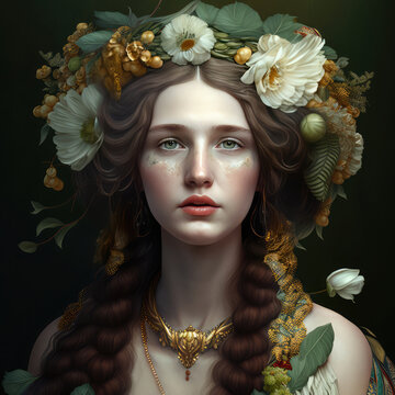 Portrait of nature goddess Persephone (or Proserpine) of Greek and Roman mythology